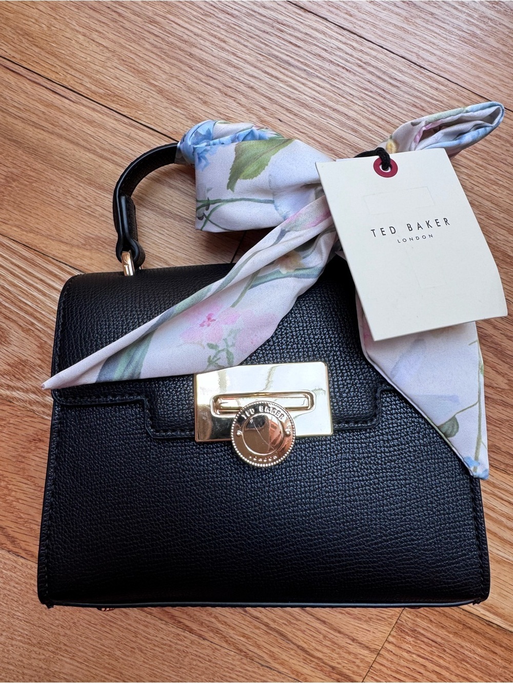 Ted Baker Black Satchel with Floral Scarf and Gold Hardware